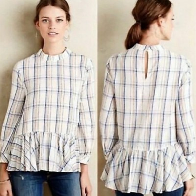 Anthropologie Maeve Sava Swing Plaid Peplum Blouse Mock Neck Boho Size 4P