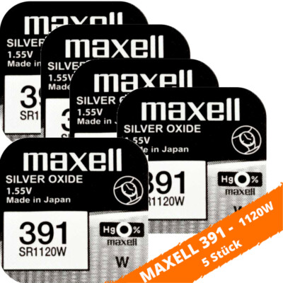 5 x Maxell 391 SR1120W SR55 Silberoxid Uhrenbatterie Knopfzelle 55mAh Hg 0%