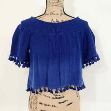 MICHAEL STARS  Womens Smocked Off the Shoulder Tassel Blouse Blue Size XS