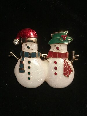 MONET Brooch TWO SNOWMEN Enamel CHRISTMAS Rhinestones SIGNED Brand New