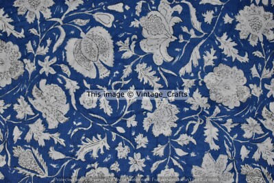 Indian 5 Yd Fabric Cotton Dress Material Sanganeri Blue Floral Print Hand Block