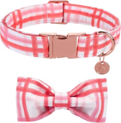 DogWong Dog Collar Pink Plaid With Bowtie XS Fits 8-12