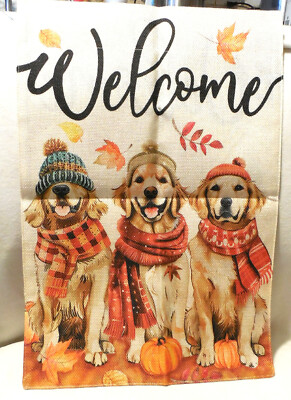 Welcome Fall Golden Retriever Garden Flag Outside Dogs Pumpkin Leaves Scarfs
