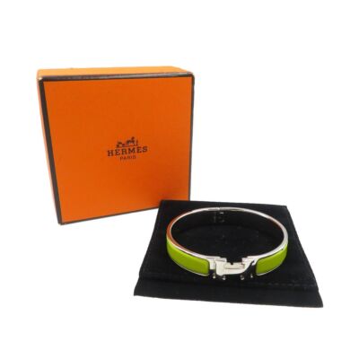 Hermes Click Clack Metal Enamel Green Silver Bangle Ladies