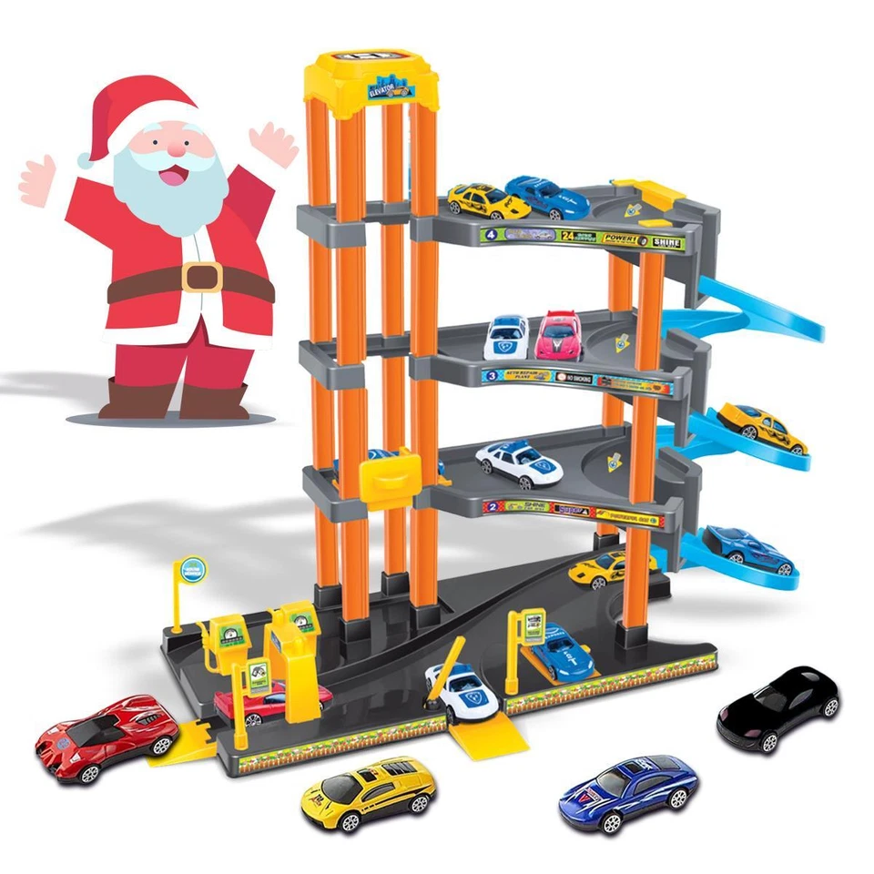 Children Parking Play Set with 4 Cars Garage Petrol Station Indoor Fun Games