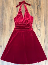 NWOT AB Studio Sexy Fit & Flare Red Velvet Halter Dress Ruched Waist Size Medium