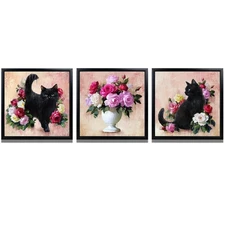 Black Cats Wall Art Cat with Roses Painting Black Framed Set Canvas Print Pin...