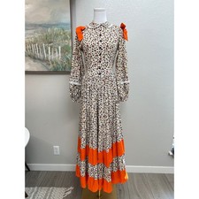 Vintage 70s Floral Prairie Maxi Dress Orange Bows Lace Collar Cottagecore