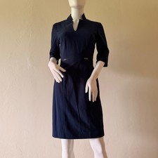 Tahari Women's ASL Navy Blue Sheath Dress Split Neck Zipper Waist 3/4 Sleeve  2