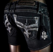 180 Buckle Rock Revival Jeans "Teyla" Sequins Leather Trim Black Shorts 32