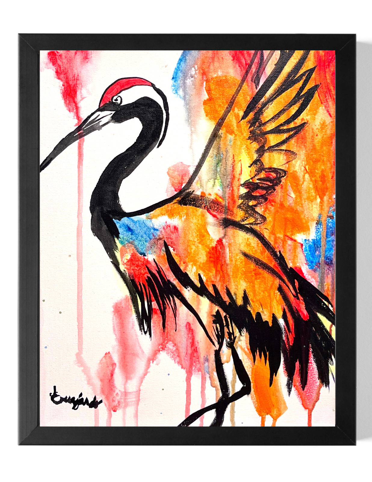 GUAJARDO Original Expressionism Rainbow Crane Drip 14X11 Canvas Signed Art