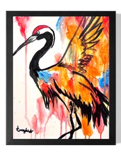 GUAJARDO Original Expressionism Rainbow Crane Drip 14X11 Canvas Signed Art