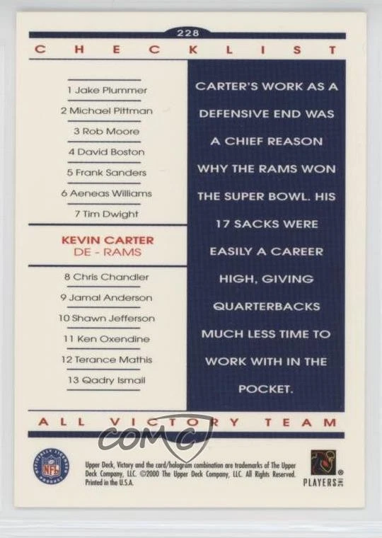 2000 Upper Deck Victory All Victory Team Checklist Kevin Carter #228 - Image 2 of 2