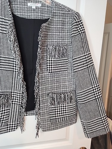 Blazer Chico's donna 1,5 grigio a quadri tweed bordo frange aperto davanti giacca classico - Foto 9 di 16