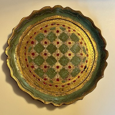 Vtg Italian Florentine Tole Tray Blue Gold Gilt Wood Baroque Italy 7.75'' Round