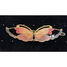 Vintage Cloisonne Enamel Butterfly Barrette Gold Tone Hair Clip