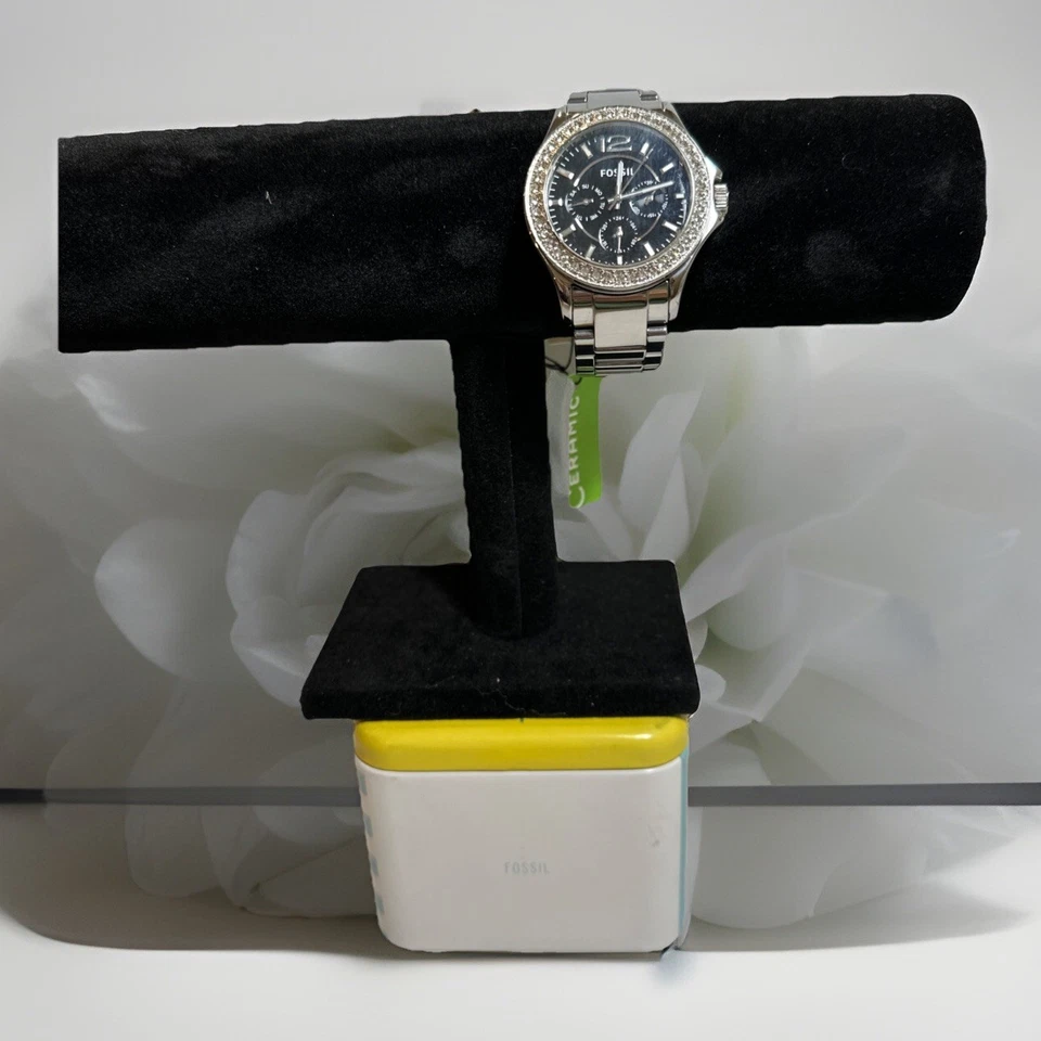 RELOJ FOSSIL RILEY CROMO CERÁMICA Y BISEL CRISTAL CE1067 NUEVO con/Estaño Foto 3 de 4