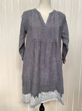 Tahari 100% Linen Gray Tunic Dress Size M V-Neck Pockets Lace Trim