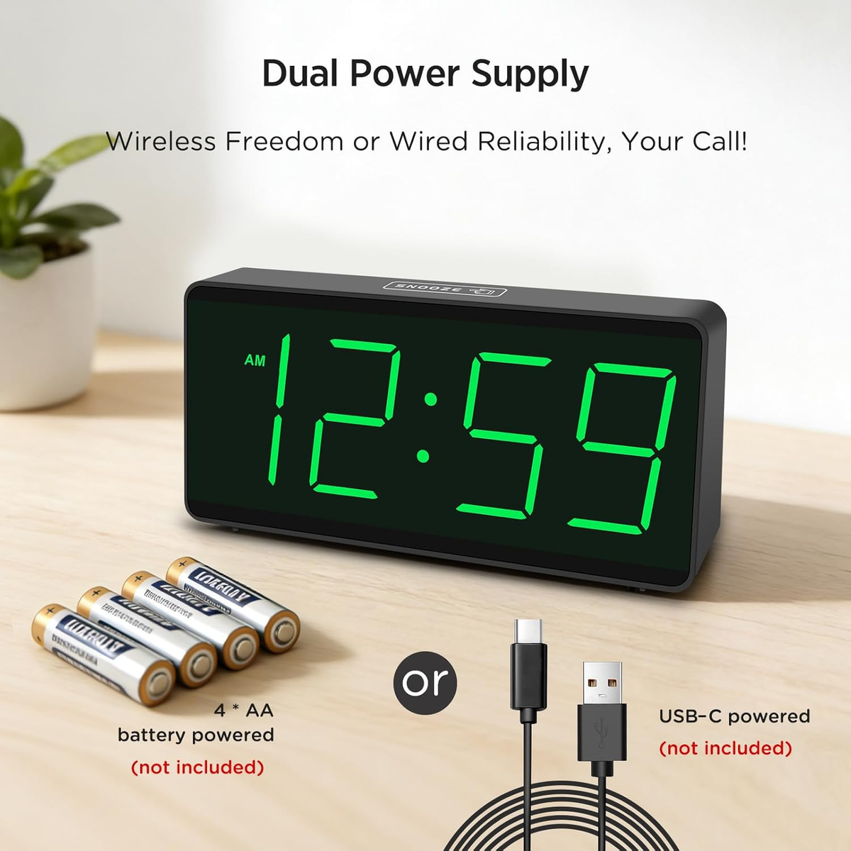 Battery Operated Digital Alarm Clock for Bedrooms - Cordless Large