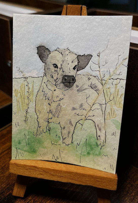 ACEO Original: Abstract Illustrative Calf in Grassy Field Watercolor Painting