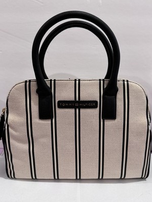 Tommy Hilfiger black beige striped women's satchel bag crossbody black top 