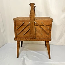 Vintage 1978 Solid Wood Accordion Cantilever Style Sewing Box On Legs