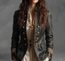 Womens Distressed Black Lambskin Military Bla...