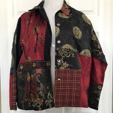 Chicos 2 Blazer Jacket Asian InspiredWoodblock Bamboo Patchwork Embroidery L