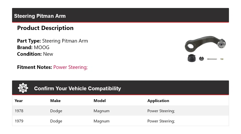 Brazo de dirección Pitman MOOG para Dodge Magnum 1978-1979 Foto 2 de 4
