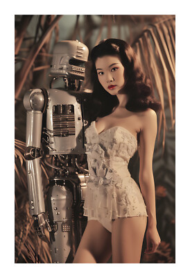 1960s Asian Woman and Vintage Robot Atomic Tiki Era Art Print bb1