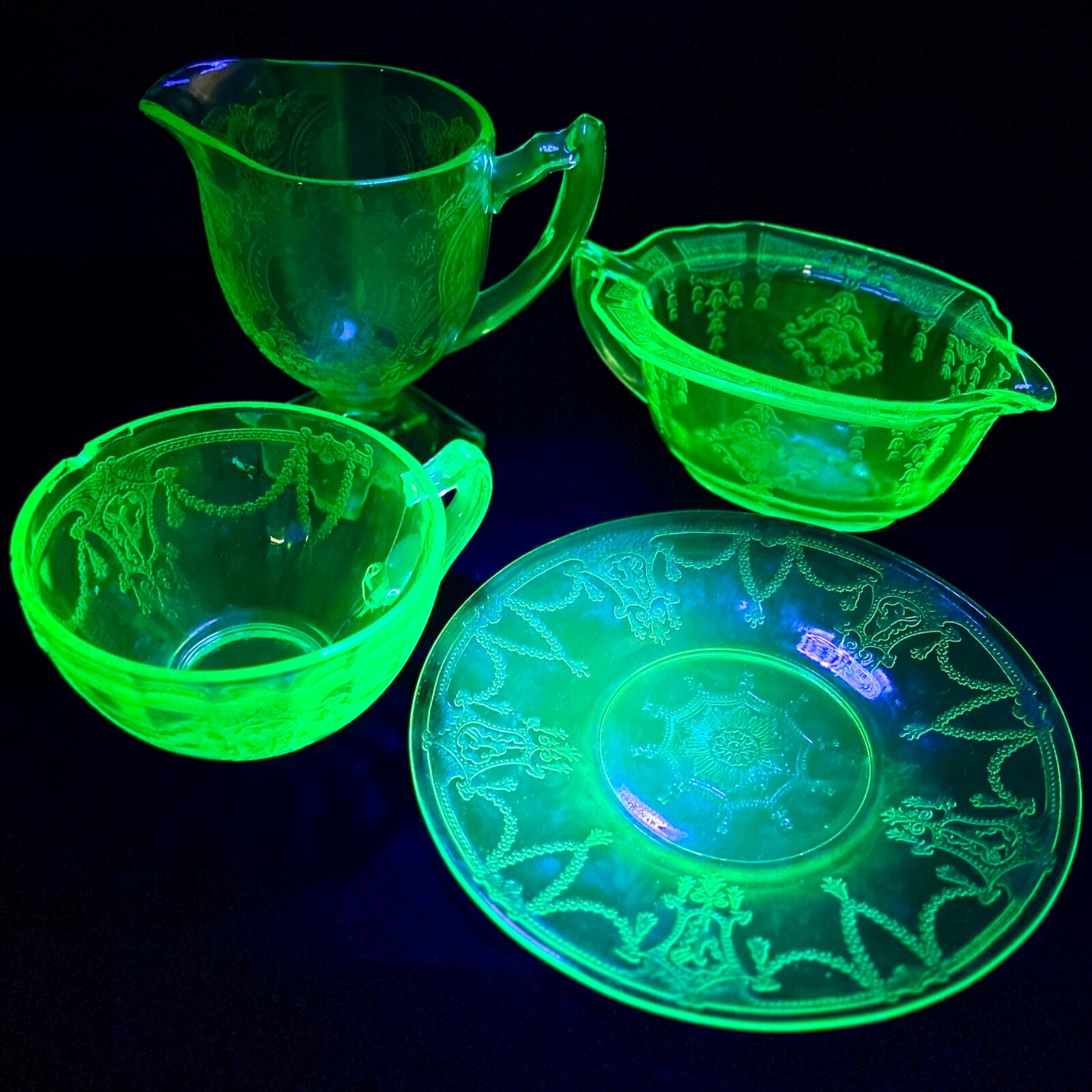 Uranium Glass Lot Creamer Gravy Boat Cup Plate Vintage eBay