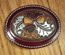 New Stiched Tooled Saddle Leather Western Belt Buckle with Oak Leafs and Acorns