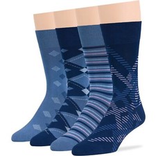 Men Bamboo Patterned Fashion Dress Crew Socks L 4 Pack Khaki Brown Blue Beige