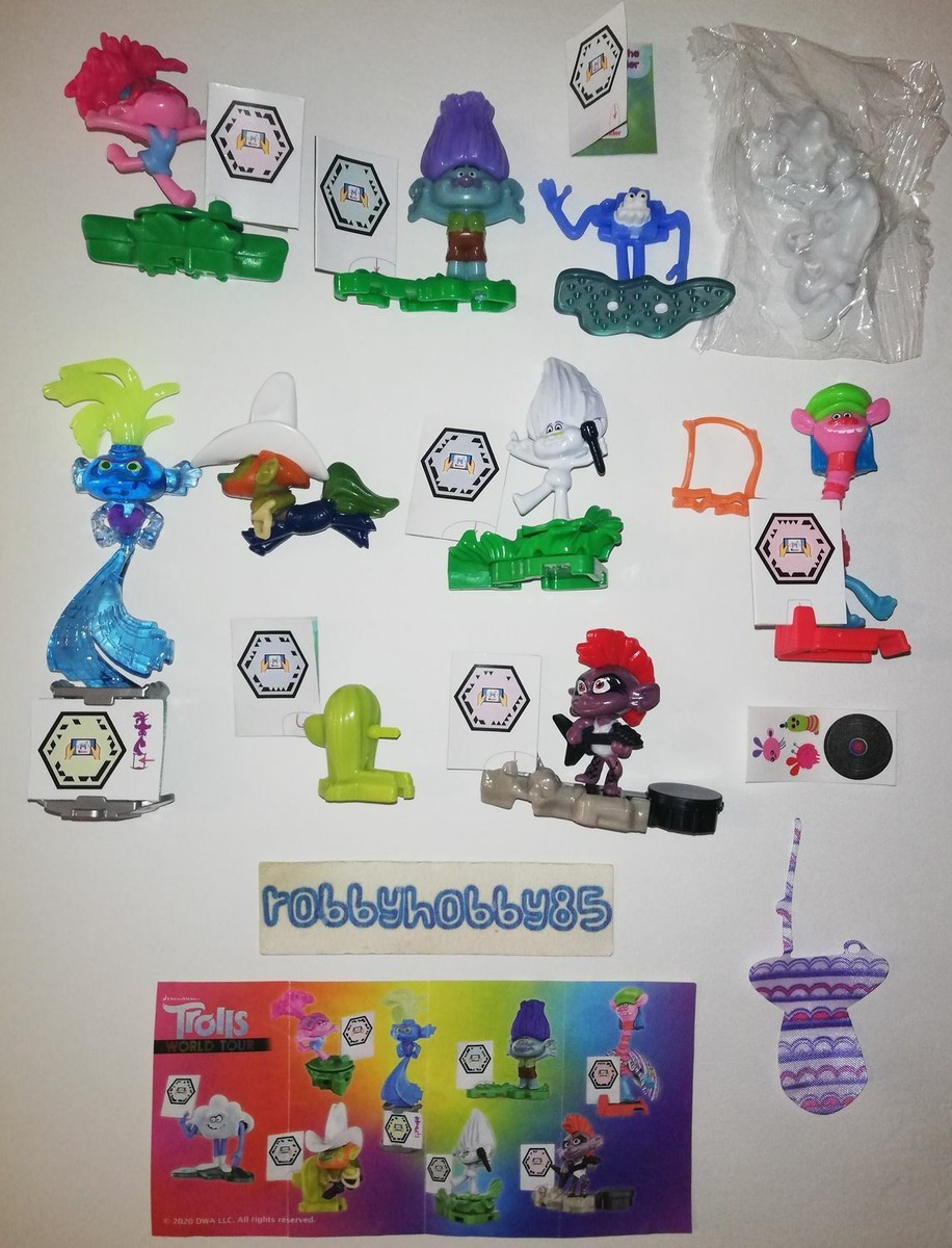 TROLLS WORLD TOUR COMPLETE SET OF 8 WITH ALL PAPERS KINDER