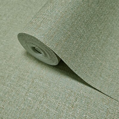 Olive sage green faux woven thread sackcloth fabric textured modern Wallpaper