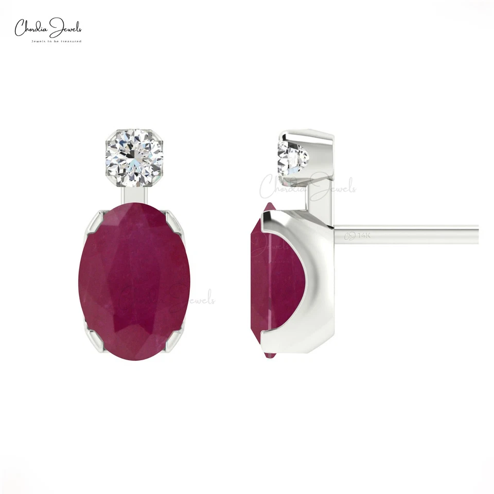 14k Solid Gold Natural Ruby Oval Stud Earrings with Diamond Accent Women Jewelry - Image 3 of 4