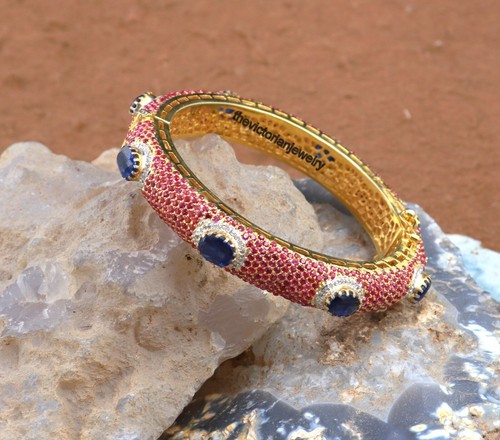 Natural Sapphire Ruby Single Cut Diamond Bangle Jewelry 925 Sterling Silver - Picture 9 of 12