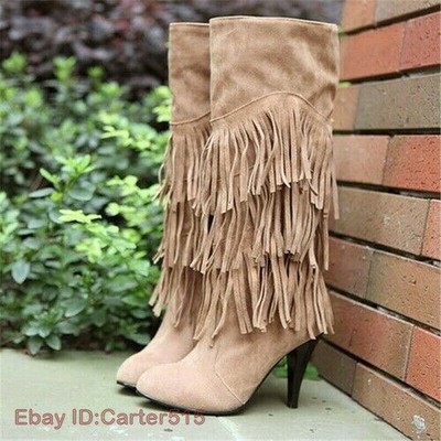 Womens Tassels Mid Calf Boots High Heels Fringe Booties Suede Round Toe Shoes
