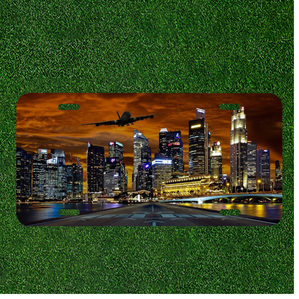 Custom Personalized License Plate Auto Tag With Stunning Night Life City Plane