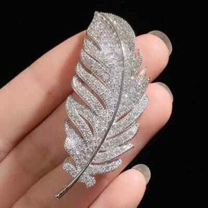 Authentic 2.4Ct Lab Created Diamond Round Feather Brooch Pin Pendant 14K White Gold Plated