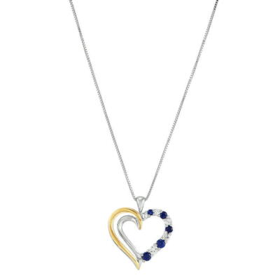 Saphir & weißer Topas offenes Herz Anhänger in Sterlingsilber und 10k Gold 18''