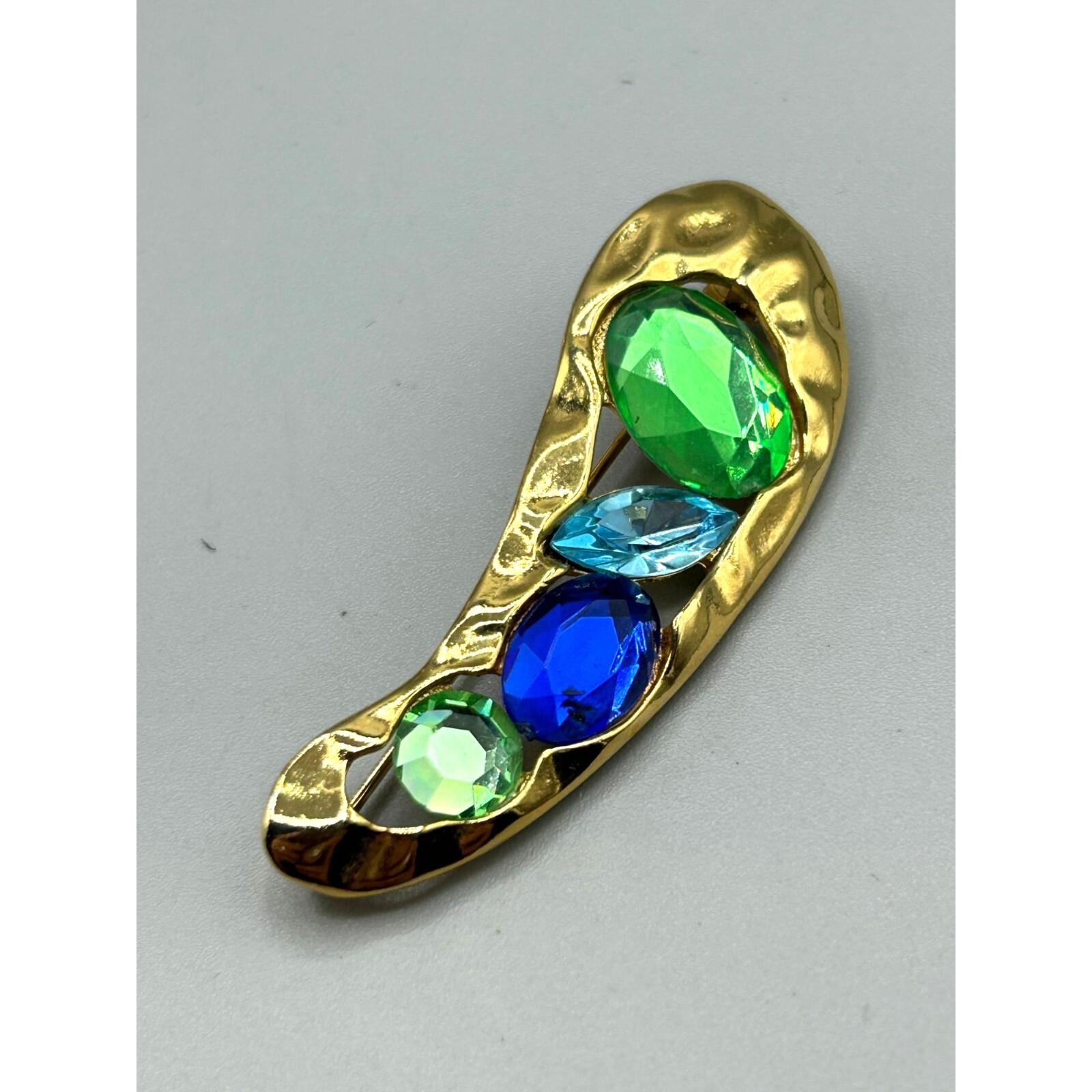 Green & Blue Rhinestones Pin Jeweled Abstract Free Form Vintage Costume ...