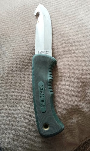 Schrade USA Old Timer Gut Hook Knife W/ Sheath 1430T Green Rubber Grip