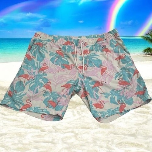 Blue Crown Blue and White Flamingo Tropical Vacation Board Shorts Size L