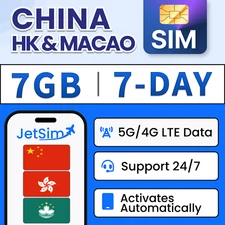 China HK & Macao SIM Card -7GB High-Speed, 7 Day JetSim/Travel SIM