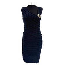 XSCAPE by Joanna Chen Navy Blue One Shoulder Brooch Bandage Dress Women Size 12