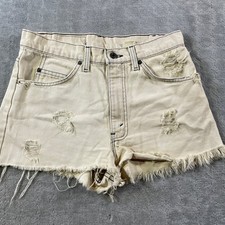 Vintage Levis Denim Shorts Orange Tab Womens 30 Cream Distressed Frayed Hem