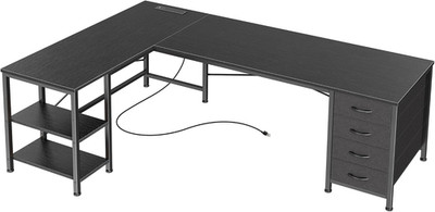 55 Inch L Shaped Desk with Fabric Drawers, Reversible Computer Gaming Desk with