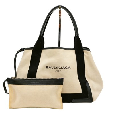 BALENCIAGA Navy Cabas S Tote Bag Leather Canvas Women's White Ivor