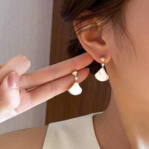 Gold Tone Mother of Pearl/Abalone Fan Dangle Drop Earrings CZ Butterfly Back